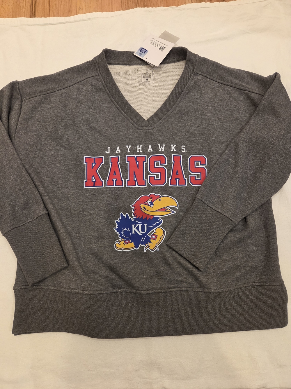 NWT Kansas Jayhawks Woman's Gray V-Neck Sweatshirt - Size M.
